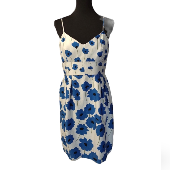 White Strappy Dress with Blue Poppy Flowers Sz 12 petite - Picture 1 of 8